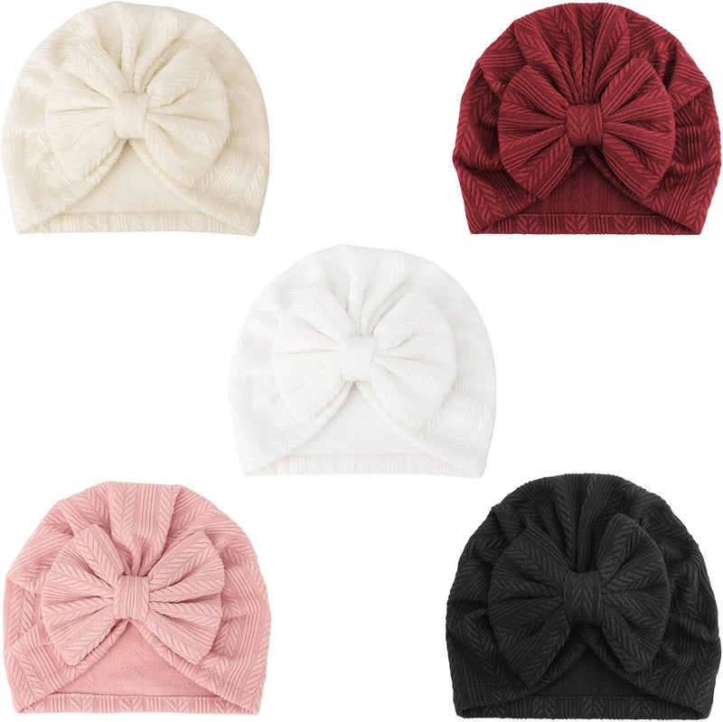 DRESHOW BQUBO 5 Pieces Newborn Baby Turban Hats Bow Baby Infant Beanie Breathable Toddler Cap for Baby Girls - Image 1